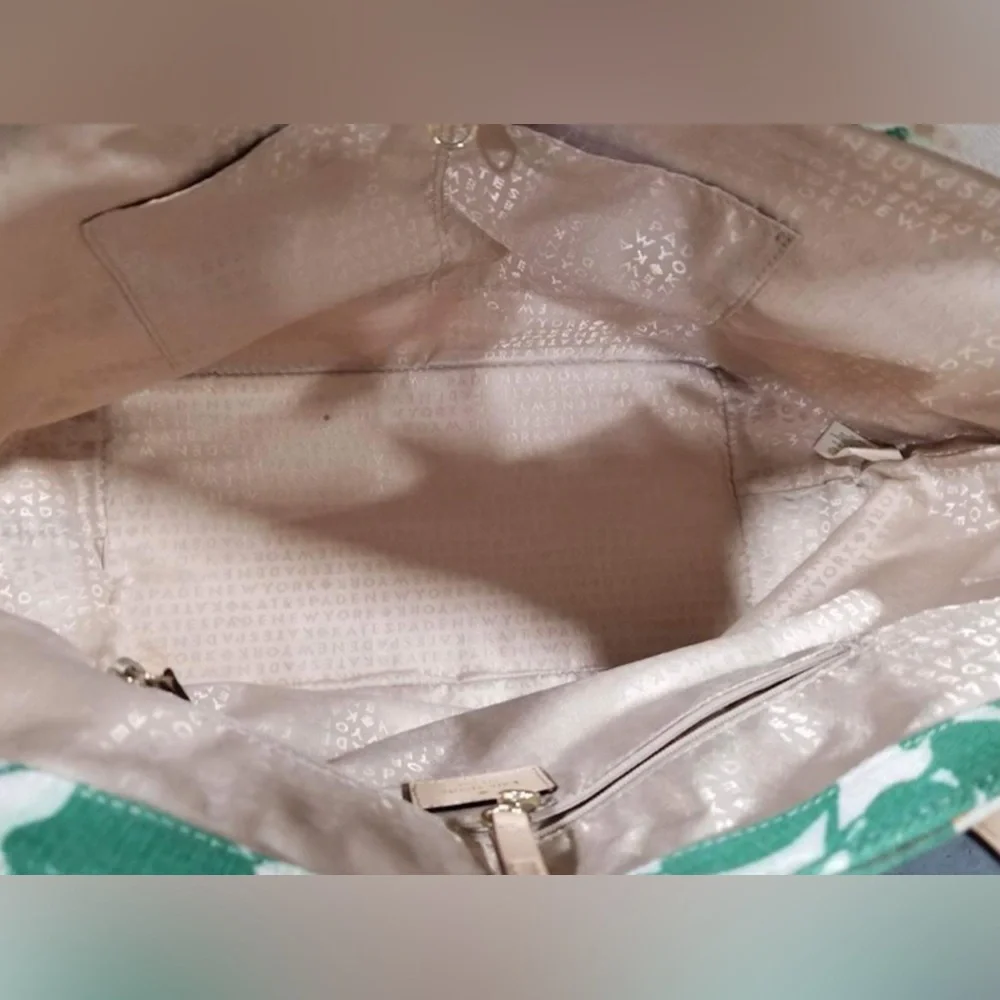 kate spade Cream Tote with Green Leaf Print and Blush Handles